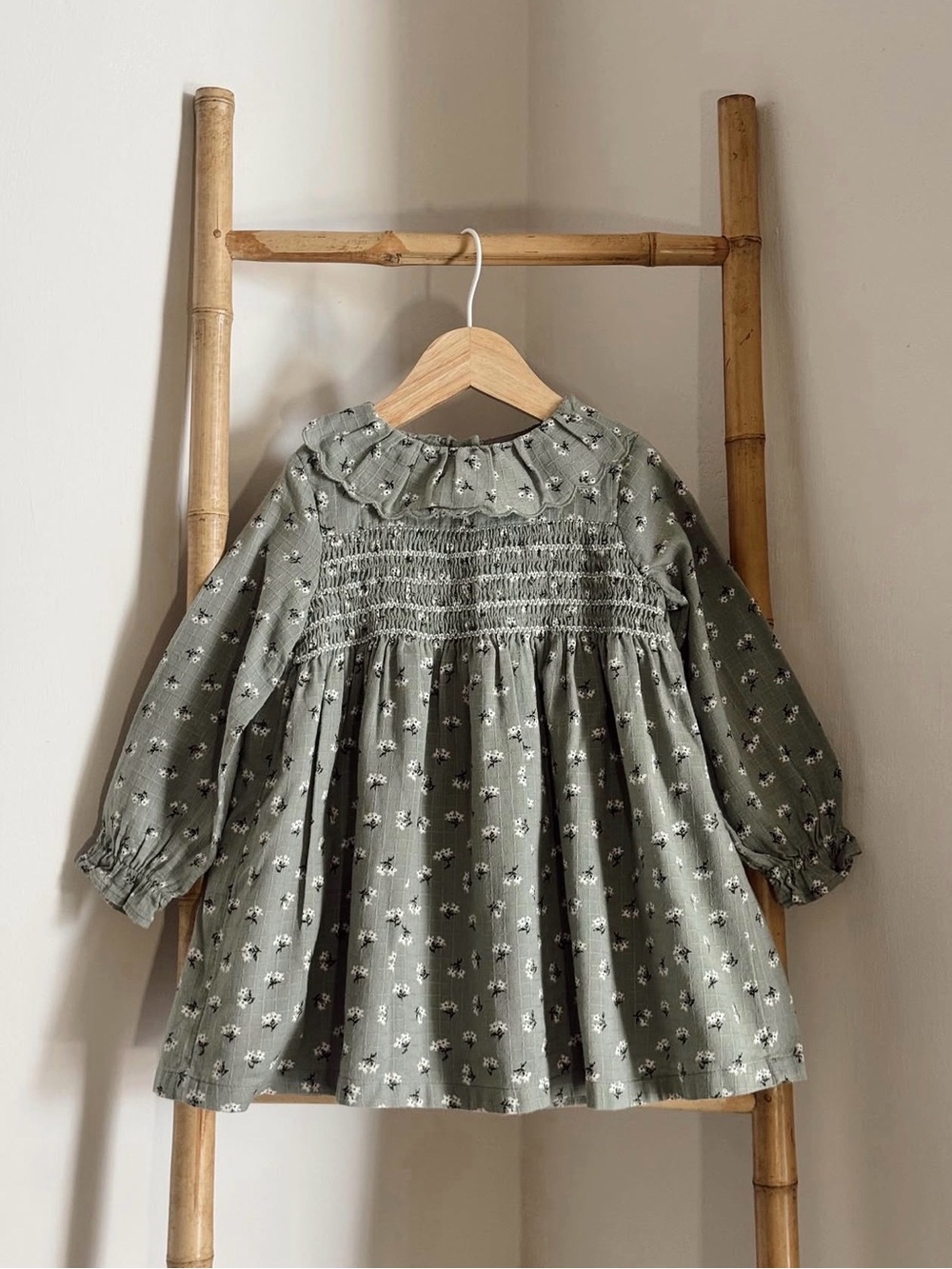 Mango Sage Green Smocked Floral Long-Sleeve Top